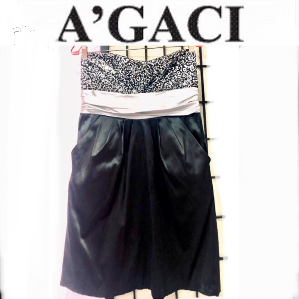 AGACI strapless dress black/silver sequin on top side pockets sizeL ex cond